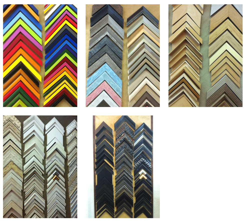 Muestrario de molduras de madera lacada en colores vivos —amarillo, verde, rosa, rojo, naranja, azul y negro— ordenadas en abanico en ángulo de 45 grados, catálogo de perfiles de colores de Contell Marcs Barcelona.