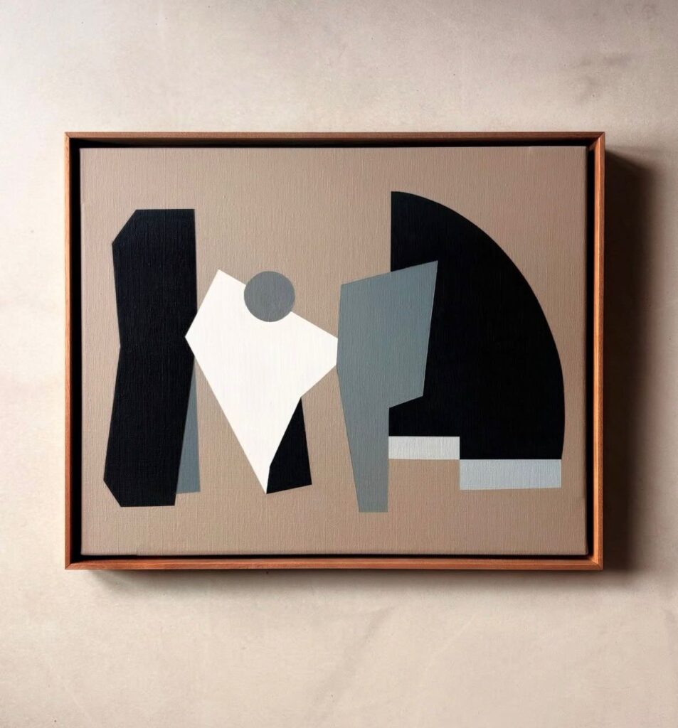 Enmarcación de madera con marco a medida y dibujo abstracto en diferentes colores.