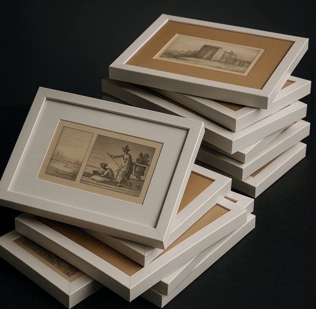 Pila de ocho grabados históricos en sepia enmarcados con marcos blancos lacados y passepartout de cartón beige, apilados sobre superficie oscura, trabajo de enmarcación en serie realizado por Contell Marcs Barcelona,